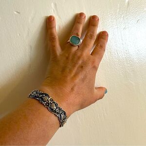 Vintage Navajo Sterling Silver floral cuff bracelet signed Benson MANYGOATS